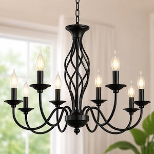 May include: A matte black chandelier featuring eight curved arms, each holding a candle-style light bulb. The central column is designed with a decorative metal cage structure formed by twisted vertical bars, suspended by a matching black chain.