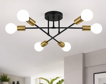 Modern Sputnik Chandelier, 6-Light Black Gold Semi Flush Mount Ceiling Light