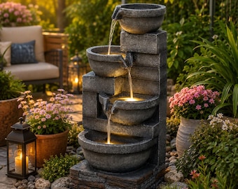 Outdoor Waterfall Fountain, 4-Tier Cascading Resin Water Feature with LED Lights