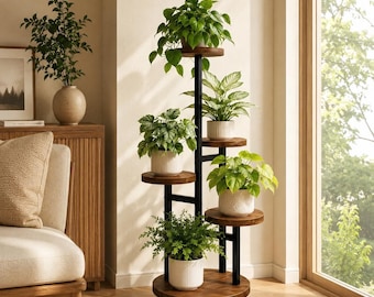 5 Tier Walnut Plant Stand with Wheels, Iron Corner Shelf for Indoor Decor