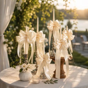 May include: A collection of five cream-colored taper candles, each adorned with a large, matching satin ribbon bow. The candles are held in a mix of silver-toned metal and wooden candle holders, arranged on a round table with a white cloth.