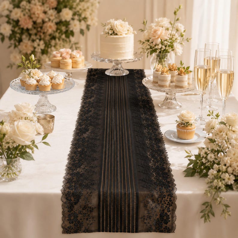 May include: A long black table runner featuring a central panel with vertical stripes and intricate lace borders with floral patterns. The runner is placed on a white tablecloth, surrounded by white floral arrangements, cupcakes, and champagne flutes.