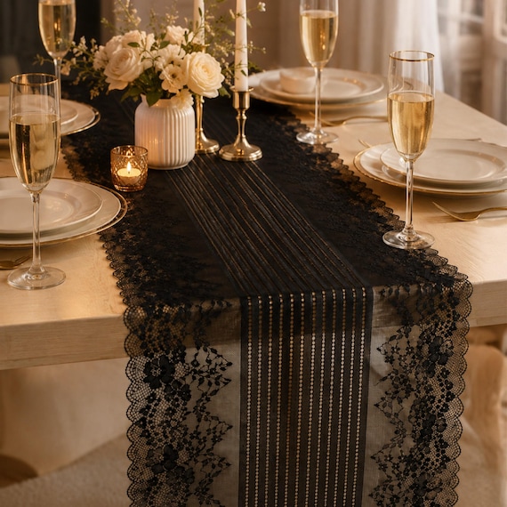 Lace Table Runner Wedding Decor Black White Lace Tablecloth Overlay Reception Table Setting Bridal Shower Party Decoration