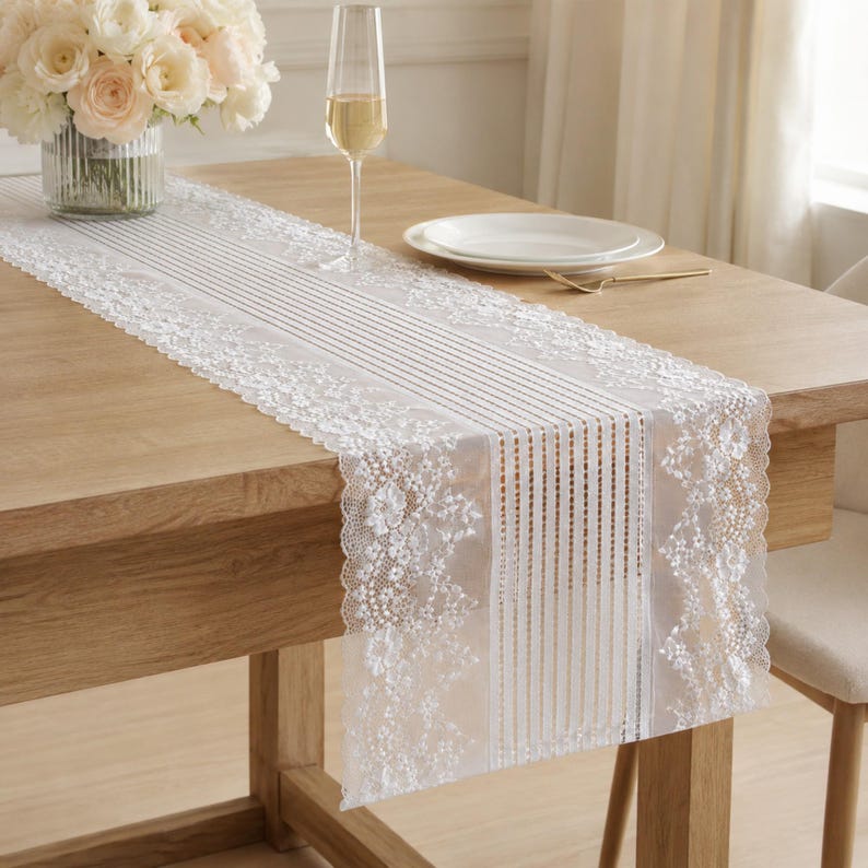Lace Table Runner Wedding Decor Black White Lace Tablecloth Overlay Reception Table Setting Bridal Shower Party Decoration image 2