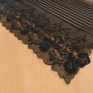 May include: A black sheer fabric featuring a wide, intricate floral lace border with a scalloped edge. The upper section of the fabric displays a pattern of thin, vertical stripes composed of small, delicate dots on a translucent mesh base.