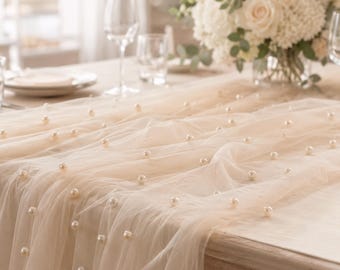 Pearl Tulle Table Runner, Beaded Mesh Wedding Table Decor, Sheer Fabric Drape, Bridal Shower Party Decoration