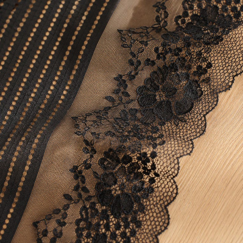 May include: A black lace trim featuring a detailed floral pattern along the scalloped edge, attached to a sheer black mesh fabric with vertical rows of small, circular cutouts and fine, parallel lines running throughout the material.