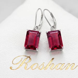 Emerald Cut 10x14mm Ruby Dangle Earrings 925 Silver | July Birthstone Gift for Her | Red Gemstone Leverback Drop Earrings