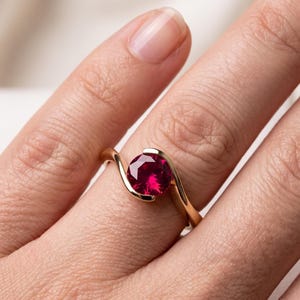 Garnet Bypass Ring, 925 Sterling Silver, Round Cut Ring, Wave Band Ring, January Birthstone, Bezel Setting, Gold Plated, Gift for Her