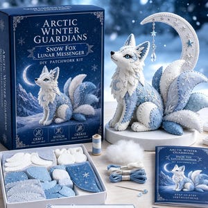 Peut inclure: Un kit de patchwork DIY intitulé Arctic Winter Guardians Snow Fox Lunar Messenger. L'ensemble comprend une figurine de renard bleue et blanche à plusieurs queues, un support en croissant de lune, des pièces en tissu, du fil et des instructions.