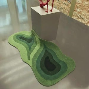 Green Abstract Area Rug 100% Wool Hand Tufted Modern Irregular Shape Carpet