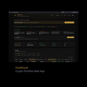 Könnte beinhalten: Eine dunkel gestaltete HoldVault Krypto-Portfolio-Webanwendungsoberfläche, die Finanzdaten anzeigt, einschließlich nicht realisierter Gewinne und Verluste, Kennzahlen zur Vermögenswertentwicklung, Smart Insights und eine detaillierte Beständetabelle.
