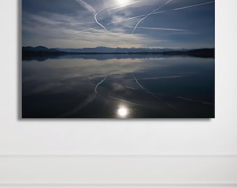 Wandbild Alpen & See Spiegelung | Panorama Berglandschaft Poster seidenmatt | Modernes Acrylglasbild Natur Blau | Wohnzimmer Deko