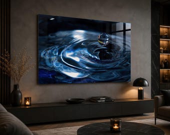 Wassertropfen Makro Fotografie – Modernes blaues Kunst Acrylglasbild oder Poster für Wohnzimmer und Badezimmer