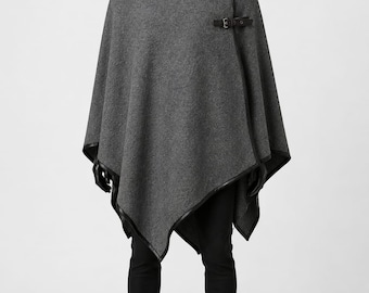 Grey Wool-Blend Hooded Cloak Poncho, Asymmetrical Viking Cape, Gothic Fantasy Wrap.