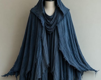 Mantello con cappuccio blu scuro, costume fantasy medievale, scialle gotico per cosplay, poncho da mago per LARP, costume unisex per Halloween