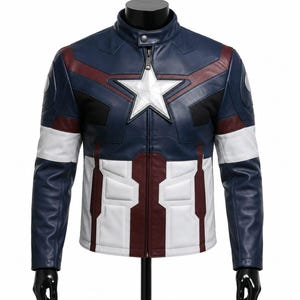 May include: A navy blue, white, and dark red leather jacket featuring a prominent white star emblem on the chest, a stand-up collar with a snap button, a full-length front zipper, and structured paneling across the torso and sleeves.