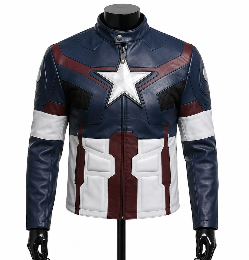 May include: A navy blue, white, and dark red leather jacket featuring a prominent white star emblem on the chest, a stand-up collar with a snap button, a full-length front zipper, and structured paneling across the torso and sleeves.