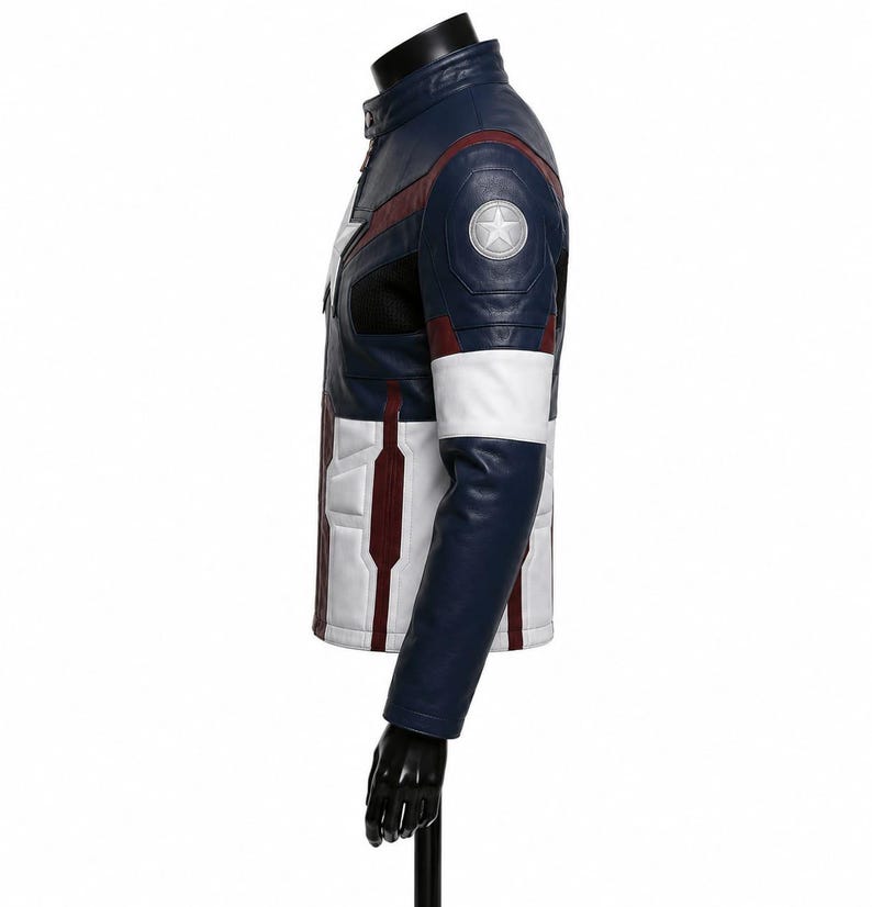 May include: A multi-colored leather jacket featuring a stand-up collar, a white star emblem on the chest, and a circular silver star patch on the upper sleeve. The design incorporates panels of navy blue, white, and dark red with black mesh accents.