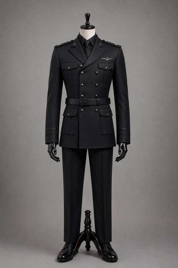 officer formal dress Men's Black Military Uniform Set | Double Breasted Suit With Belt MommyMeMatch