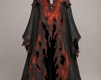 Płaszcz gotycki Burning Ember, płaszcz kostiumowy Dark Fantasy Reaper, zniszczona szata maga.