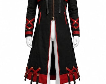 Czarno-czerwony płaszcz z kapturem w stylu fantasy assassin, kurtka w stylu gotyckim cosplay.