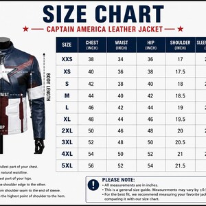 May include: A size chart for a Captain America leather jacket, featuring a blue, white, and red jacket with a star emblem. The chart lists measurements in inches for sizes XXS to 5XL, including chest, waist, hip, shoulder, sleeve, and body length.
