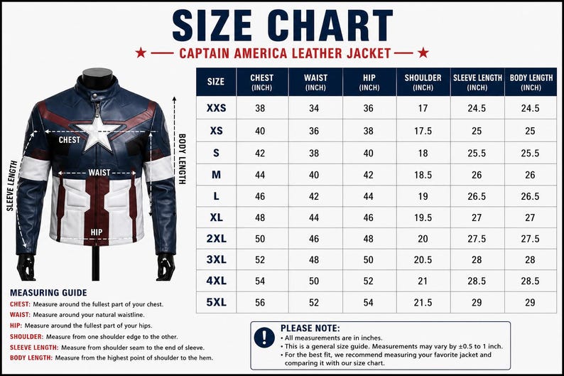 May include: A size chart for a Captain America leather jacket, featuring a blue, white, and red jacket with a star emblem. The chart lists measurements in inches for sizes XXS to 5XL, including chest, waist, hip, shoulder, sleeve, and body length.