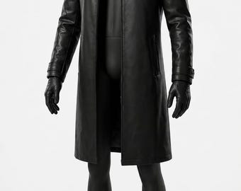 Men's Black Leather Long Trench Coat – Gothic Winter Jacket, Classic Overcoat.