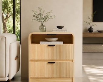 Modern 2 Drawer Nightstand with USB Ports – Mid-Century Style Storage End Table