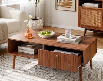 Mid Century Coffee Table with Sliding Storage Door and Open Shelf Living Room Center Table Organizer