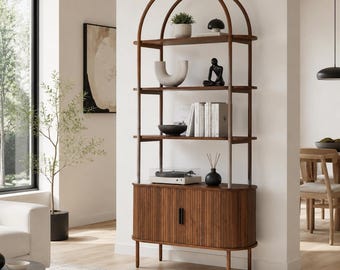Arched Display Bookshelf Storage Cabinet with Tambour Doors Open Shelves Bookcase Organizer for Living Room Home Office