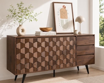 Artisan Pattern Buffet Cabinet Mid Century Storage Credenza with 2 Doors and 3 Drawers for Living Room Dining Room
