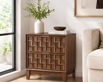 Chessboard Relief Nightstand Modern Bedside Table with Charging Station Drawer Storage for Bedroom Living Room