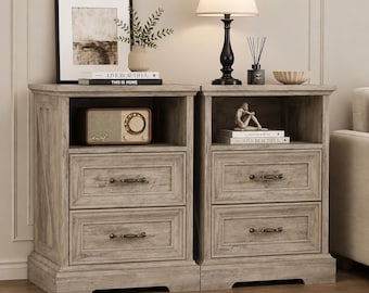 Classic Farmhouse Nightstand 2 Drawer Bedside Table with Open Storage Shelf End Table for Bedroom Living Room