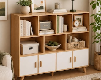 Open Cubby Bookcase Storage Cabinet with Doors Display Shelf Organizer for Living Room Home Office Bedroom
