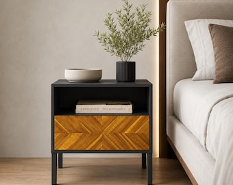 Rustic Bedroom Nightstand Solid Wood End Table with Drawer Storage Herringbone Accent Bedside Table