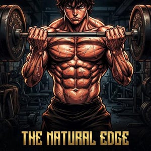 Puede incluir: Una figura musculosa realizando un curl de bíceps con pesas marcadas como WARRIOR 450KG. El individuo tiene abdominales definidos y está sudando. El texto THE NATURAL EDGE aparece en letras doradas en la parte inferior de la imagen.