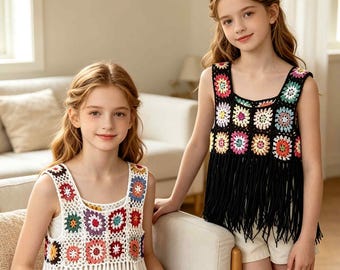 Chaleco de ganchillo con flecos para niñas, top sin mangas cuadrado estilo abuela hecho a mano, camiseta bohemia de punto de algodón, conjunto de vacaciones de verano, regalo para niños