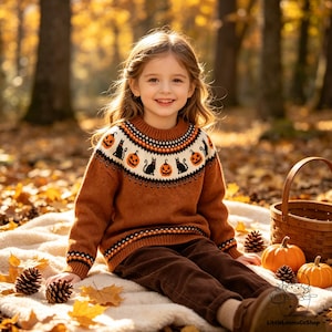 Può includere: Un maglione a maniche lunghe color ruggine con un motivo circolare sullo sprone che alterna gatti neri e zucche di Halloween arancioni su sfondo crema, abbinato a pantaloni in velluto a coste marrone scuro in un ambiente autunnale.