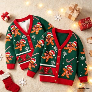 May include: Two dark green V-neck cardigans featuring a repeating pattern of gingerbread people wearing red and white hats and scarves, white snowflakes, and candy canes. The cardigans have red button plackets, red cuffs, and a red hem.