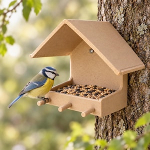 Op de afbeelding: Een beige, huisvormige vogelvoederbak met een puntdak en drie kleine houten zitstokken. De voederbak is gevuld met een mix van kleine zaden en is bevestigd aan een boomstam. Een pimpelmees met gele, blauwe en witte veren zit aan de linkerkant.