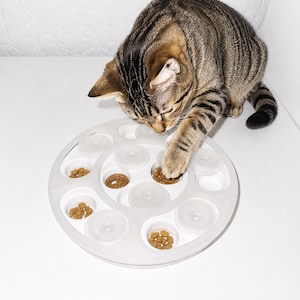 May include: A round white plastic puzzle feeder for pets featuring multiple circular compartments. Some of the compartments are filled with small brown dry food pellets, while others are covered by translucent white sliding discs.
