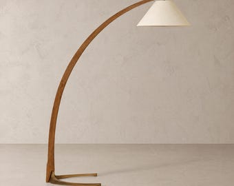 Hand-Crafted Solid Wood Arched Floor Lamp, Japandi Fabric Shade, Mid-Century Reading Light