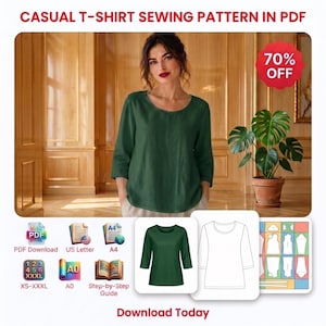 Cartamodello per camicetta a tunica in lino / Cartamodello per t-shirt da donna XS-XXXL / Scollo rotondo minimalista / T-shirt casual in formato PDF / Cartamodello estivo comodo