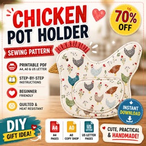 Chicken Pot Holder Sewing Pattern PDF | Chicken Oven Mitt Pattern | Quilted Potholder  | Kitchen Gift DIY | A4 A0 US Letter
