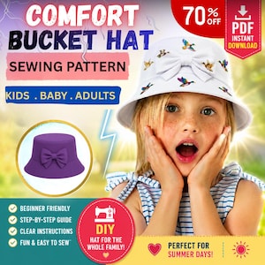 May include: A digital sewing pattern for a bucket hat with a bow, featuring text that reads COMFORT BUCKET HAT SEWING PATTERN, KIDS . BABY . ADULTS, and DIY HAT FOR THE WHOLE FAMILY. The image displays a white hat with a colorful duck print and a bow.