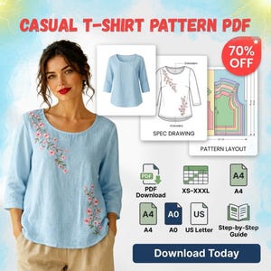 May include: A light blue t-shirt with three-quarter sleeves and pink floral embroidery. The image displays a PDF sewing pattern including a spec drawing, pattern layout, size range from XS to XXXL, and A4, A0, and US Letter format options.