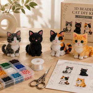 Kit de bricolaje de gato con cuentas 3D, lindo kit de manualidades de gato de pelo largo, conjunto de animales de cuentas hechos a mano, regalo de bricolaje para adultos y adolescentes, decoración del hogar