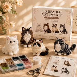Kit de bricolaje de gato con cuentas 3D, lindo kit de manualidades de gato de pelo largo, conjunto de animales de cuentas hechos a mano, regalo de bricolaje para adultos y adolescentes, decoración del hogar